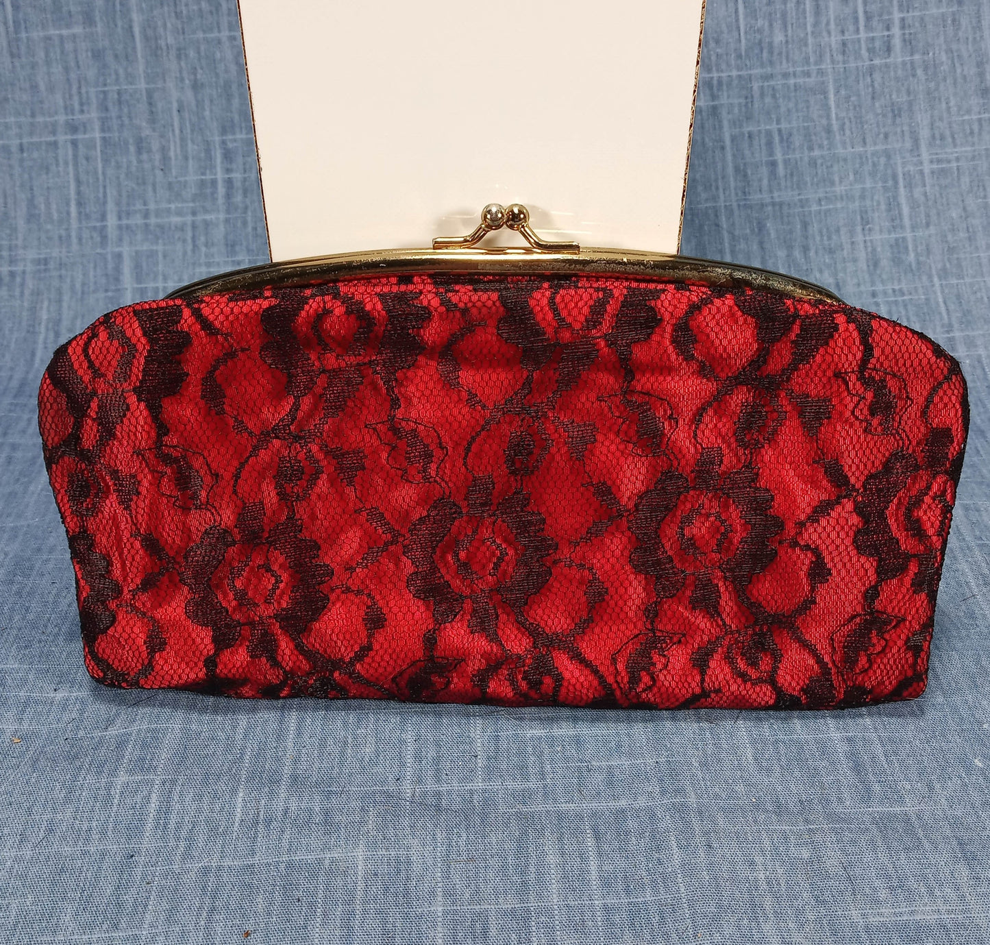 1950s Red Taffeta Black Lace Fold Over Clutch by Thomas