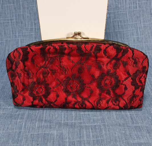 1950s Vintage Red Taffeta Black Lace Fold Over Clutch by Thomas