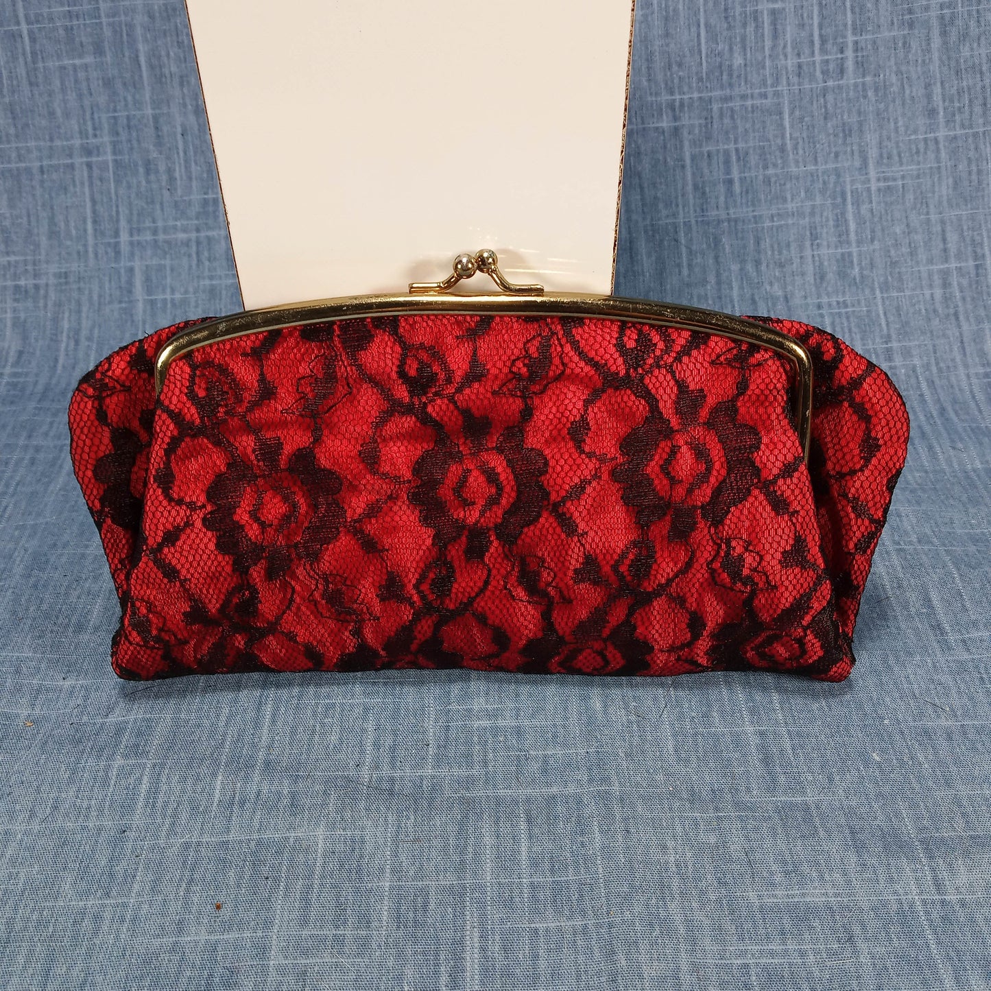 1950s Red Taffeta Black Lace Fold Over Clutch by Thomas