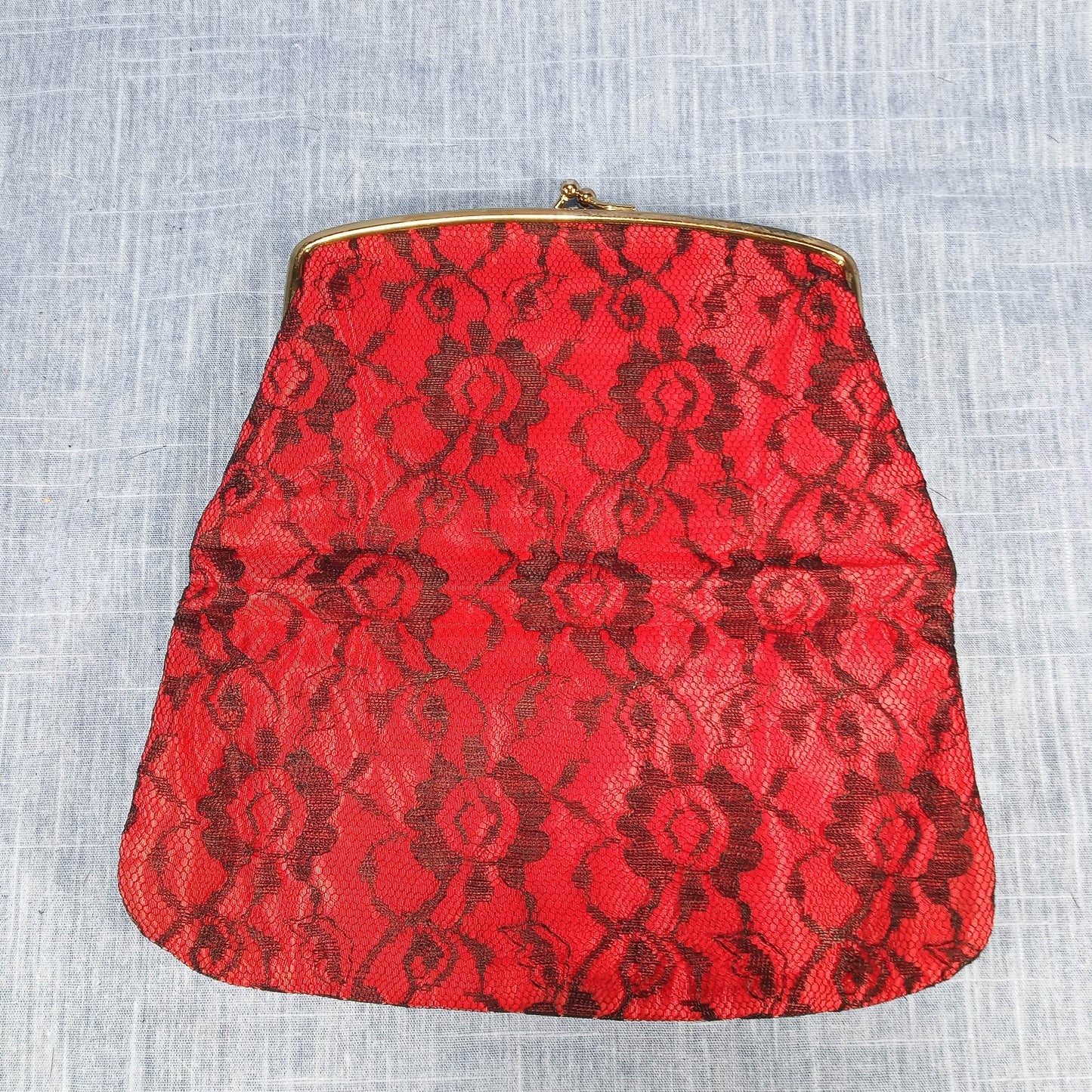 1950s Red Taffeta Black Lace Fold Over Clutch by Thomas