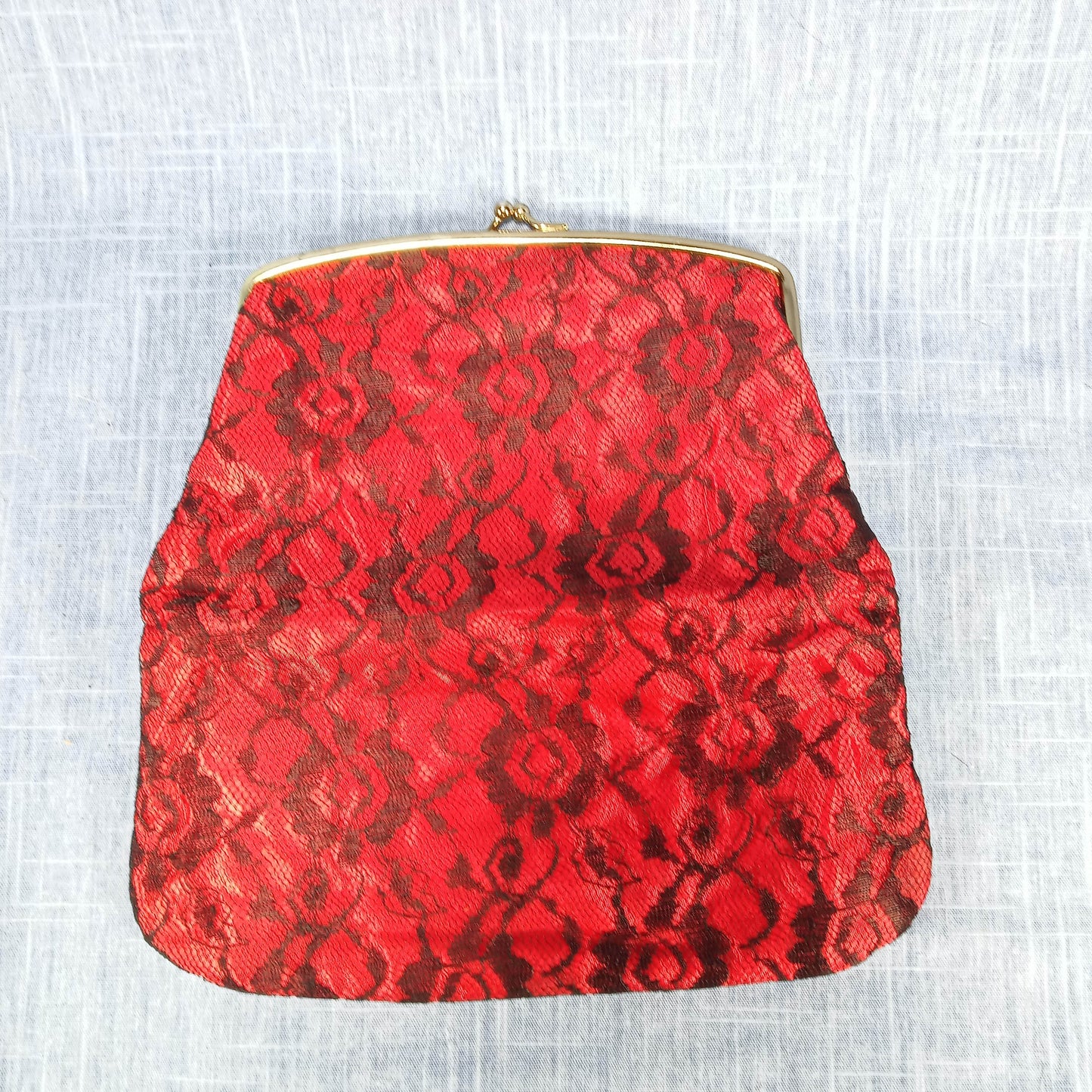1950s Red Taffeta Black Lace Fold Over Clutch by Thomas