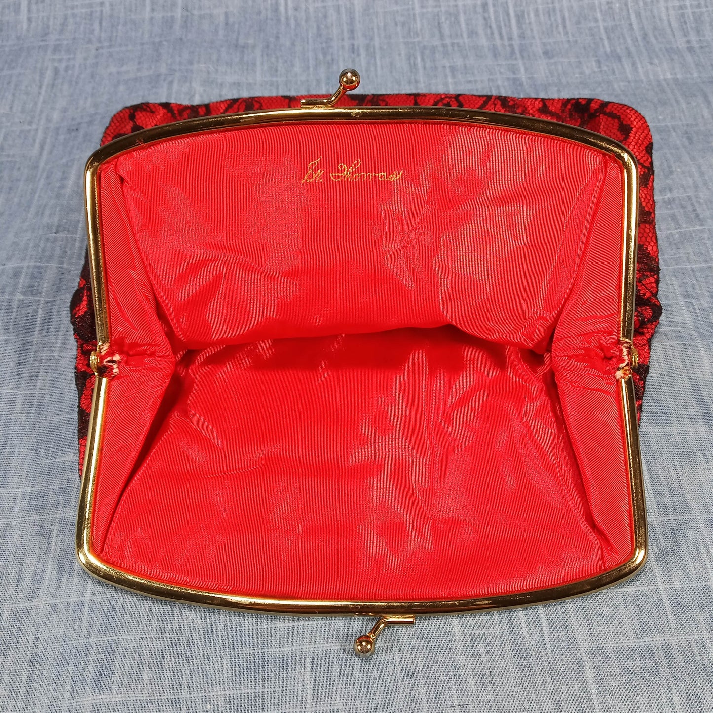 1950s Red Taffeta Black Lace Fold Over Clutch by Thomas
