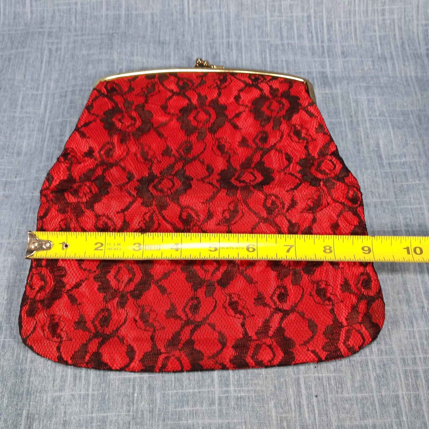 1950s Red Taffeta Black Lace Fold Over Clutch by Thomas