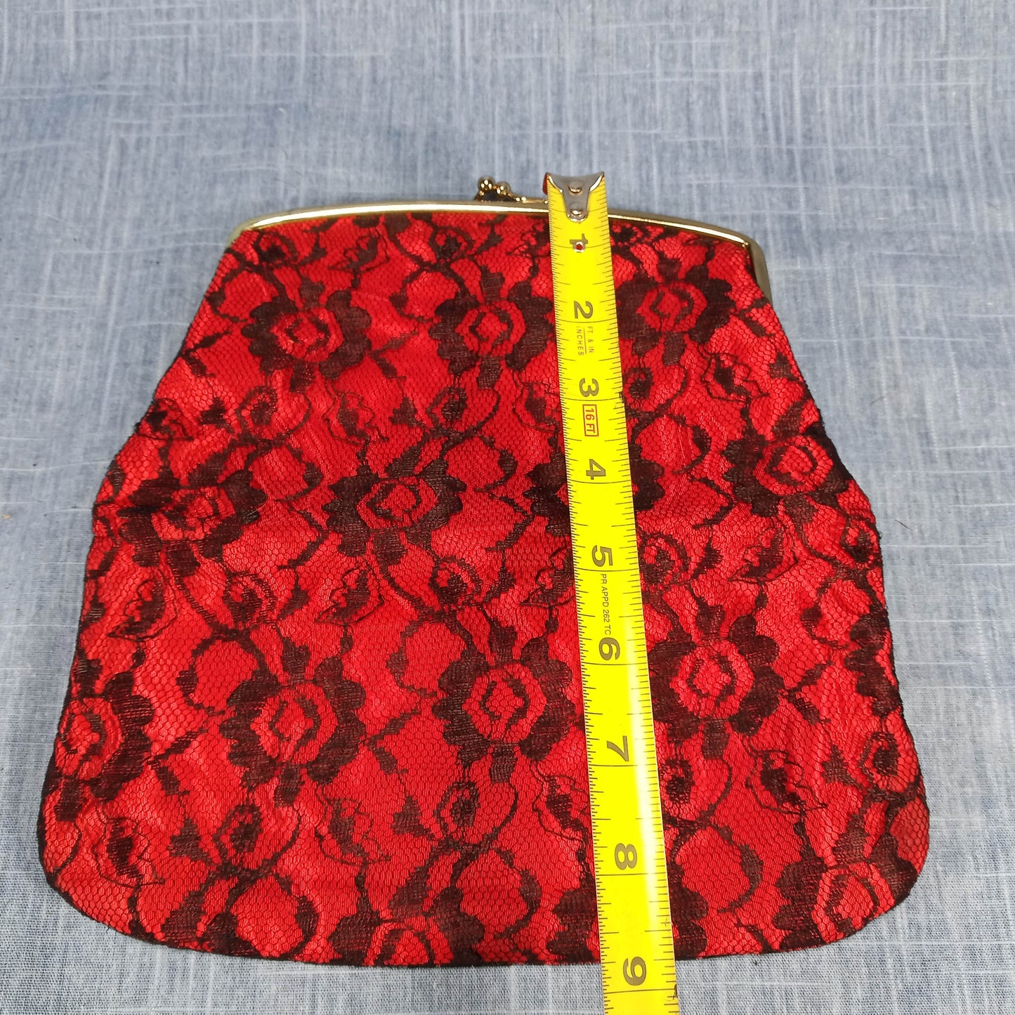1950s Red Taffeta Black Lace Fold Over Clutch by Thomas