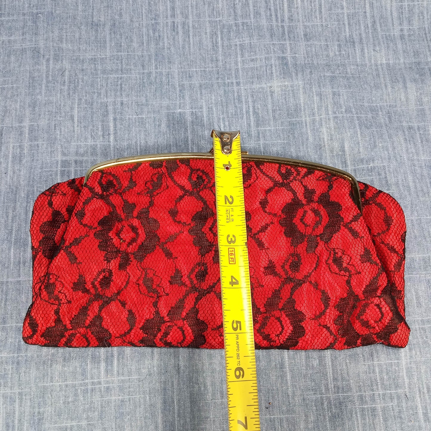 1950s Red Taffeta Black Lace Fold Over Clutch by Thomas