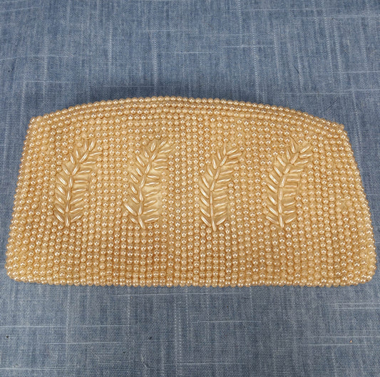 1940s Vintage Cream Pearl Encrusted Clutch with Leaf Detail
