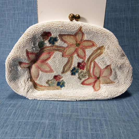 1940s Vintage White Hand Beaded Flower Clutch by Saks 5th Ave