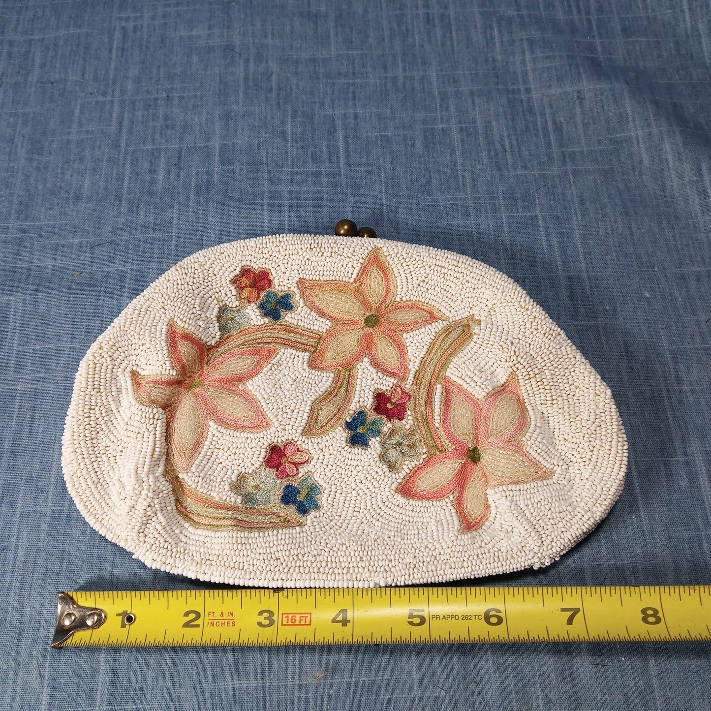 1940s White Hand Beaded Flower Clutch by Saks 5th Ave