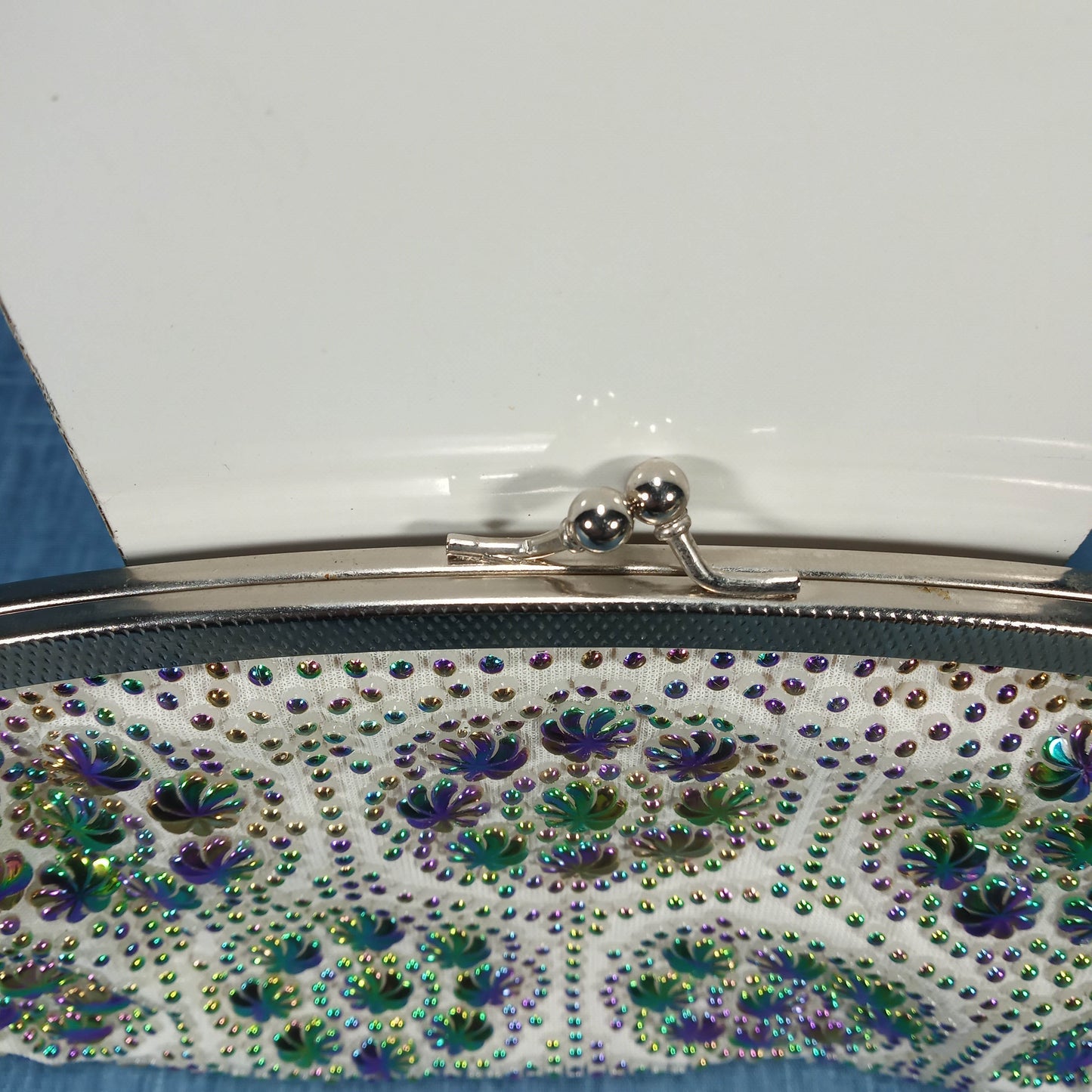1950s White Satin Evening Bag with Green and Purple Bead Detail