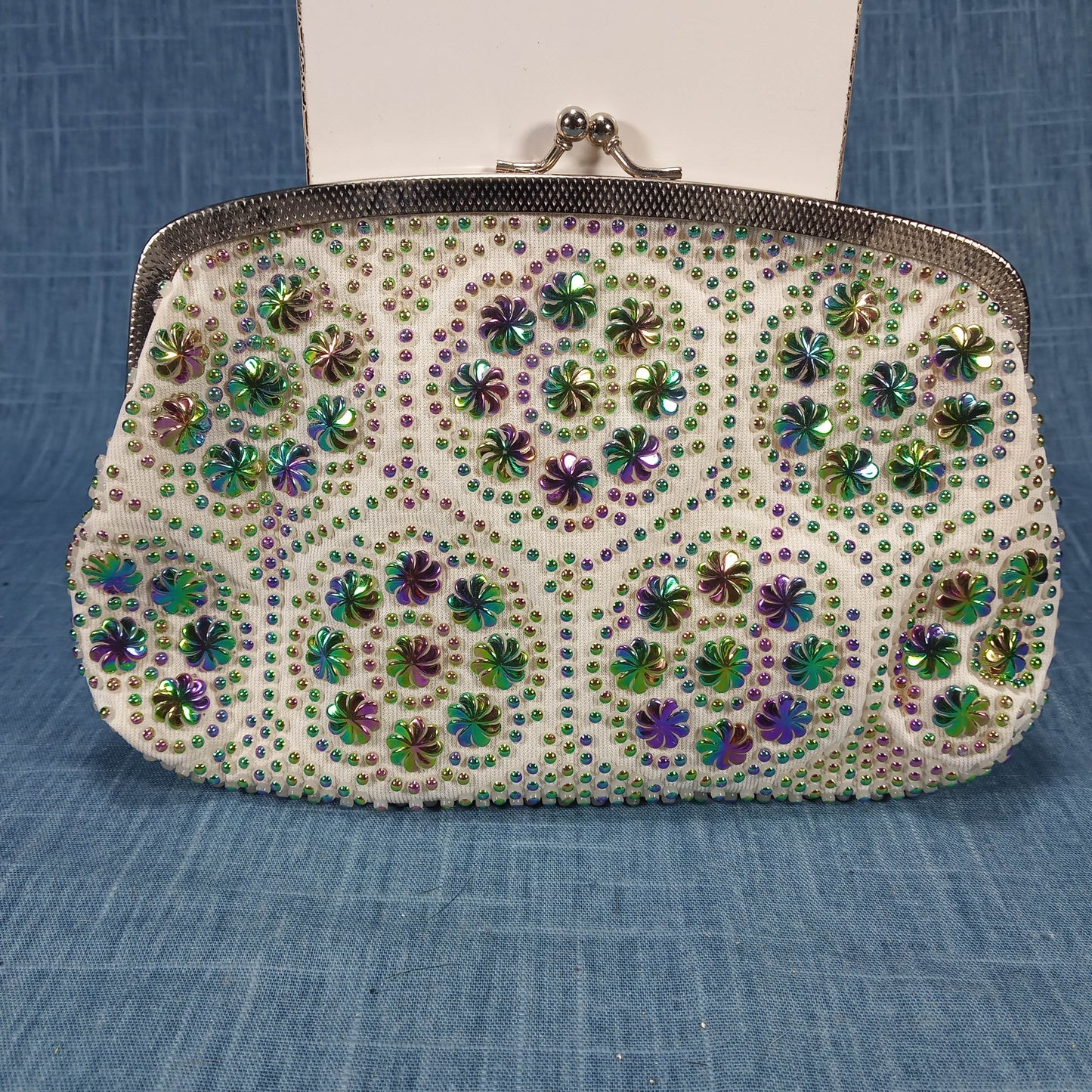 1950s White Satin Evening Bag with Green and Purple Bead Detail