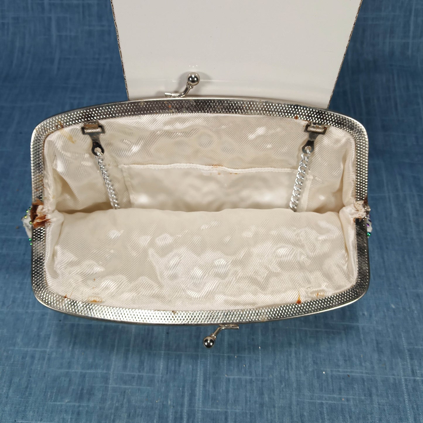 1950s White Satin Evening Bag with Green and Purple Bead Detail