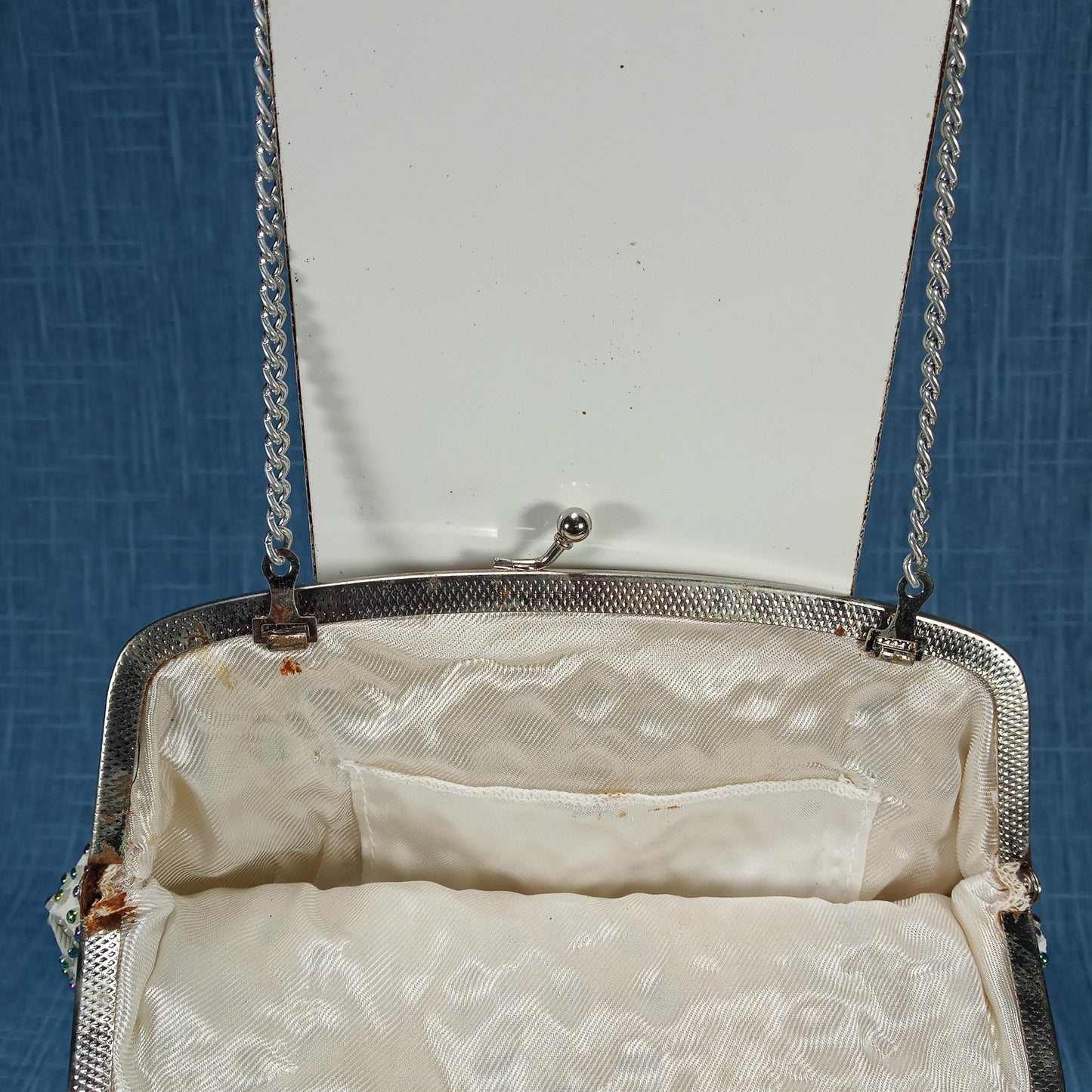 1950s White Satin Evening Bag with Green and Purple Bead Detail