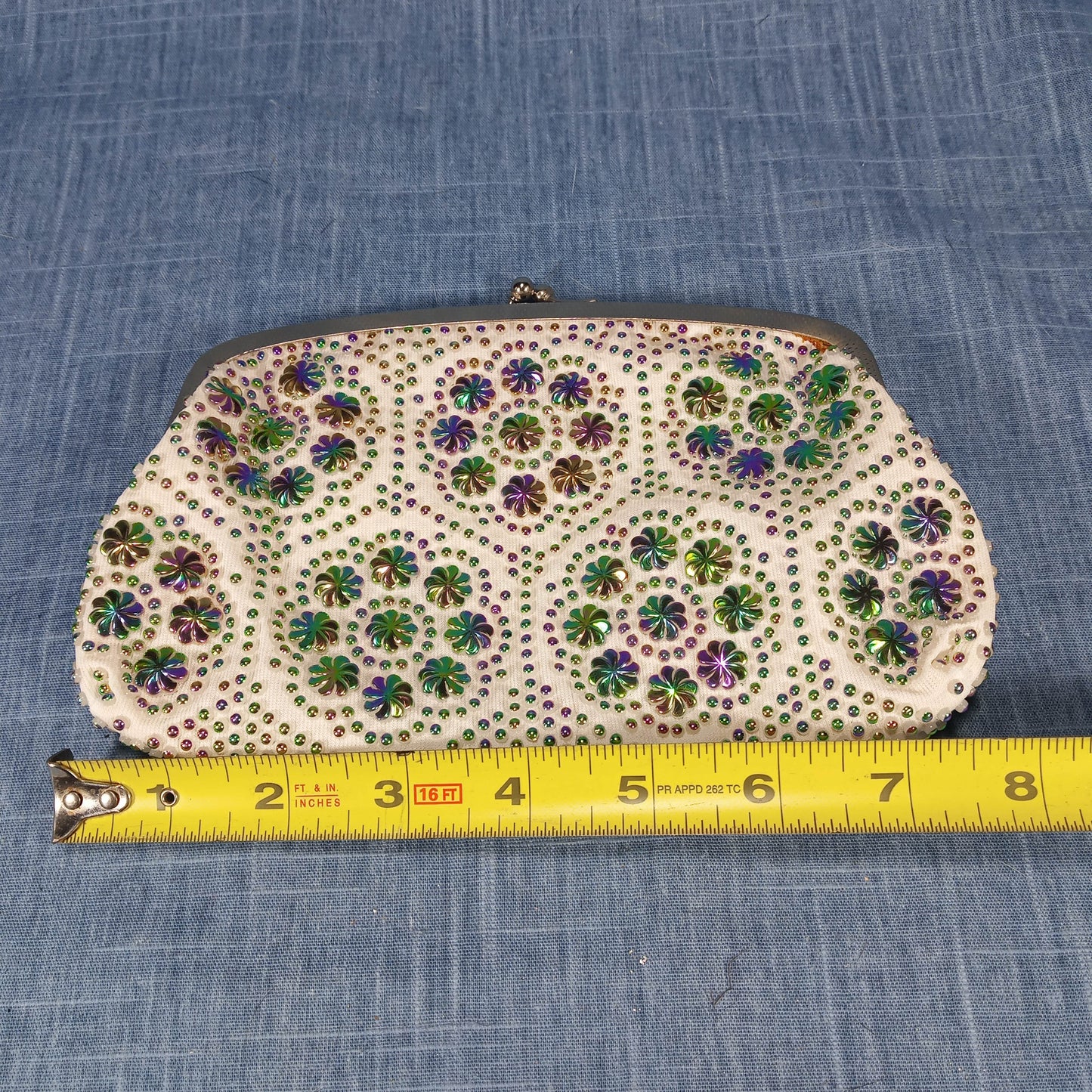 1950s White Satin Evening Bag with Green and Purple Bead Detail