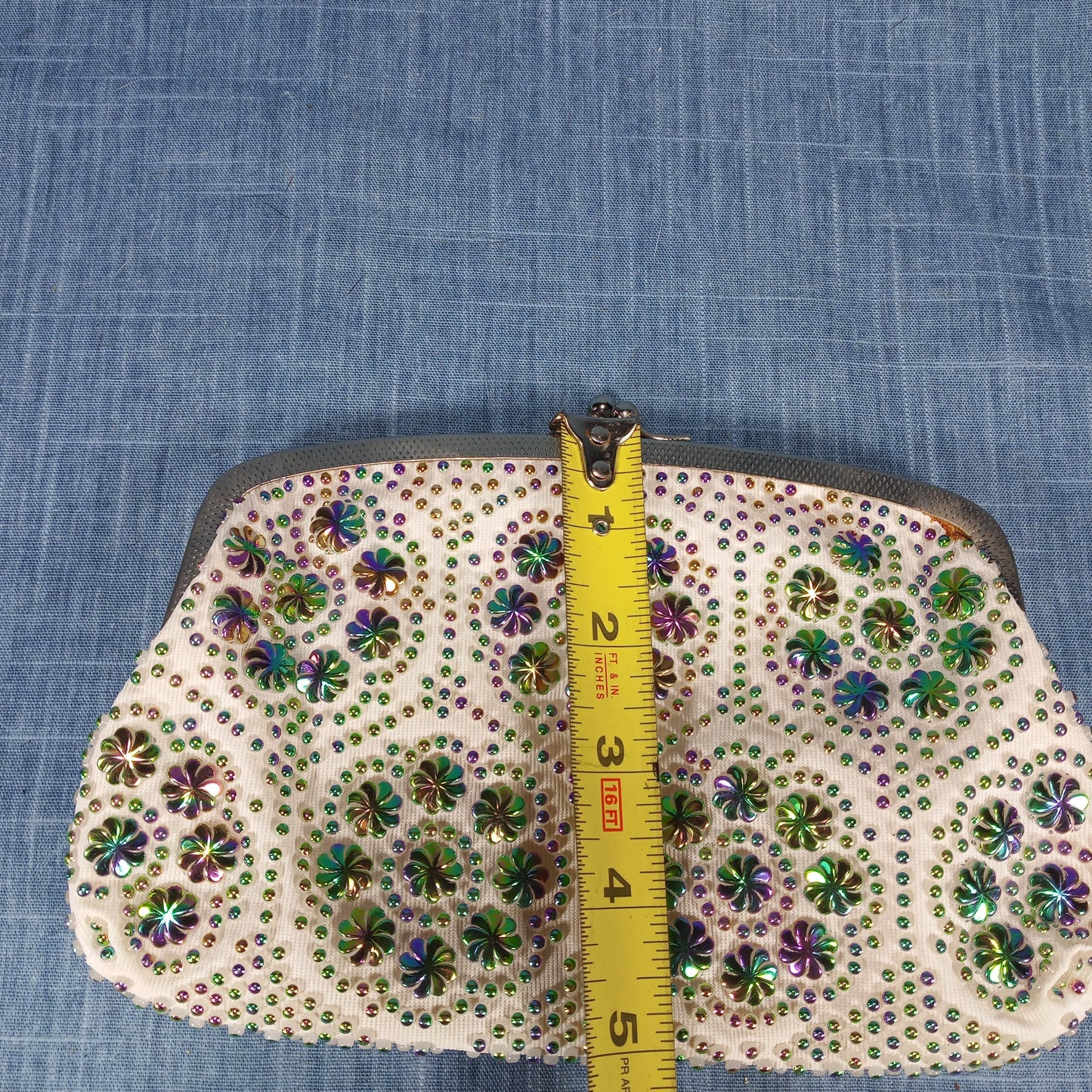 1950s White Satin Evening Bag with Green and Purple Bead Detail
