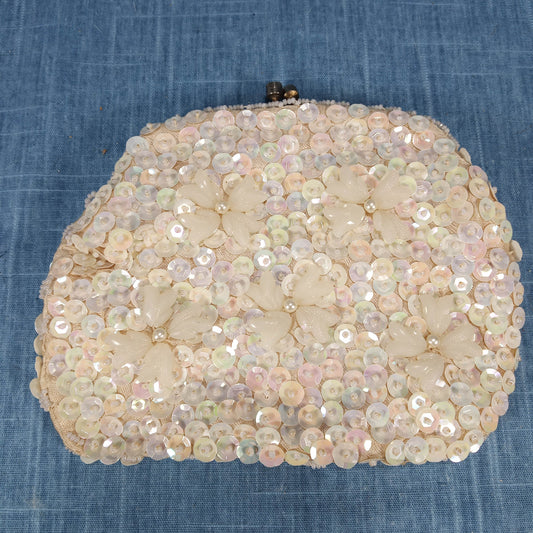 1950s Vintage Purse with Cream Sequins – Made in Hong Kong