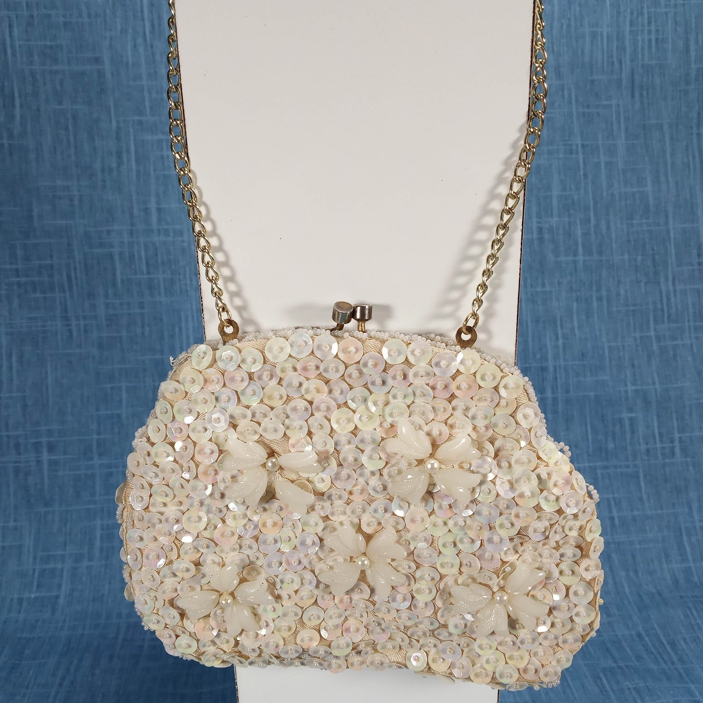 1950s Cream Sequin Beaded Purse – Made in Hong Kong