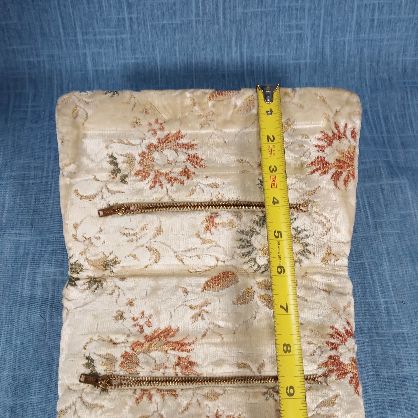 1950s Vintage Fold Over Clutch with Cream Brocade Embroidered Floral Pattern
