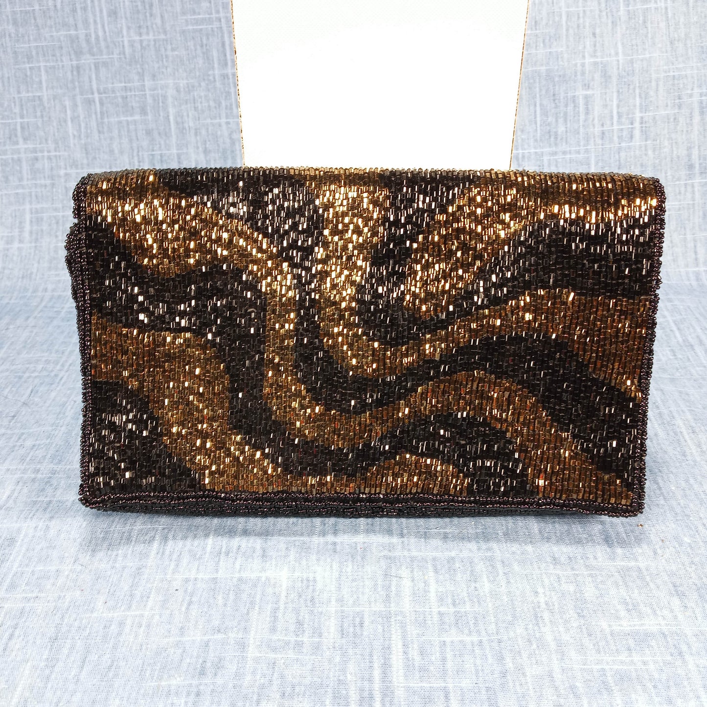 1960s Black and Bronze Hand Beaded Clutch by Walborg