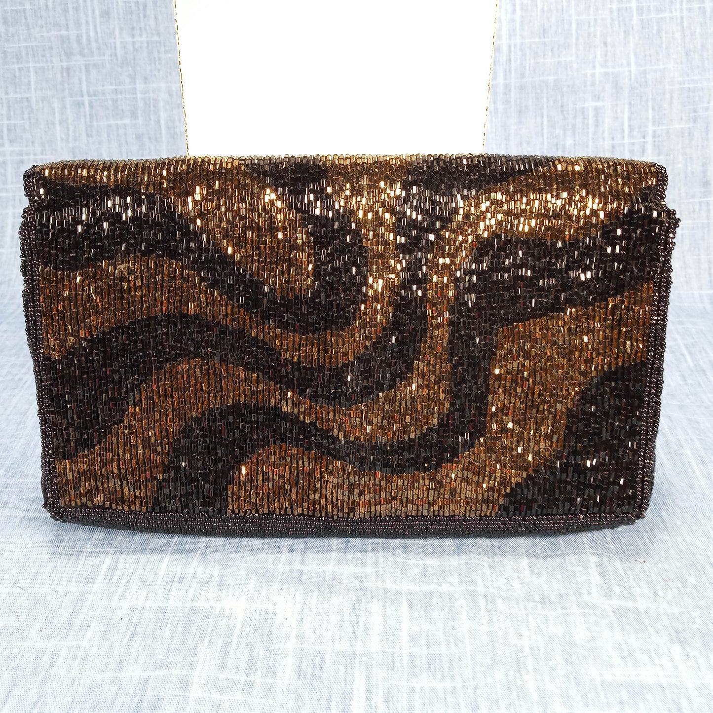 1960s Black and Bronze Hand Beaded Clutch by Walborg