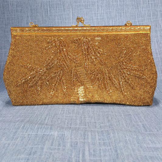 1950s Vintage Evening Bag with Gold Beads Made in Hong Kong