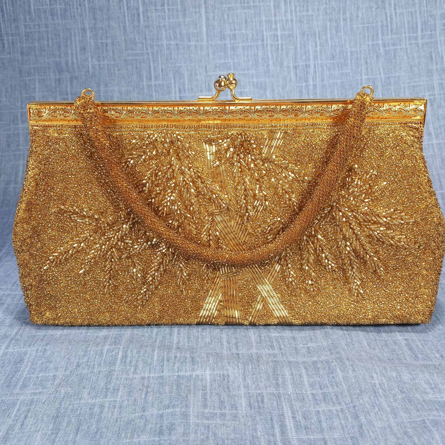 1950s Gold Hand Beaded Evening Bag Made in Hong Kong