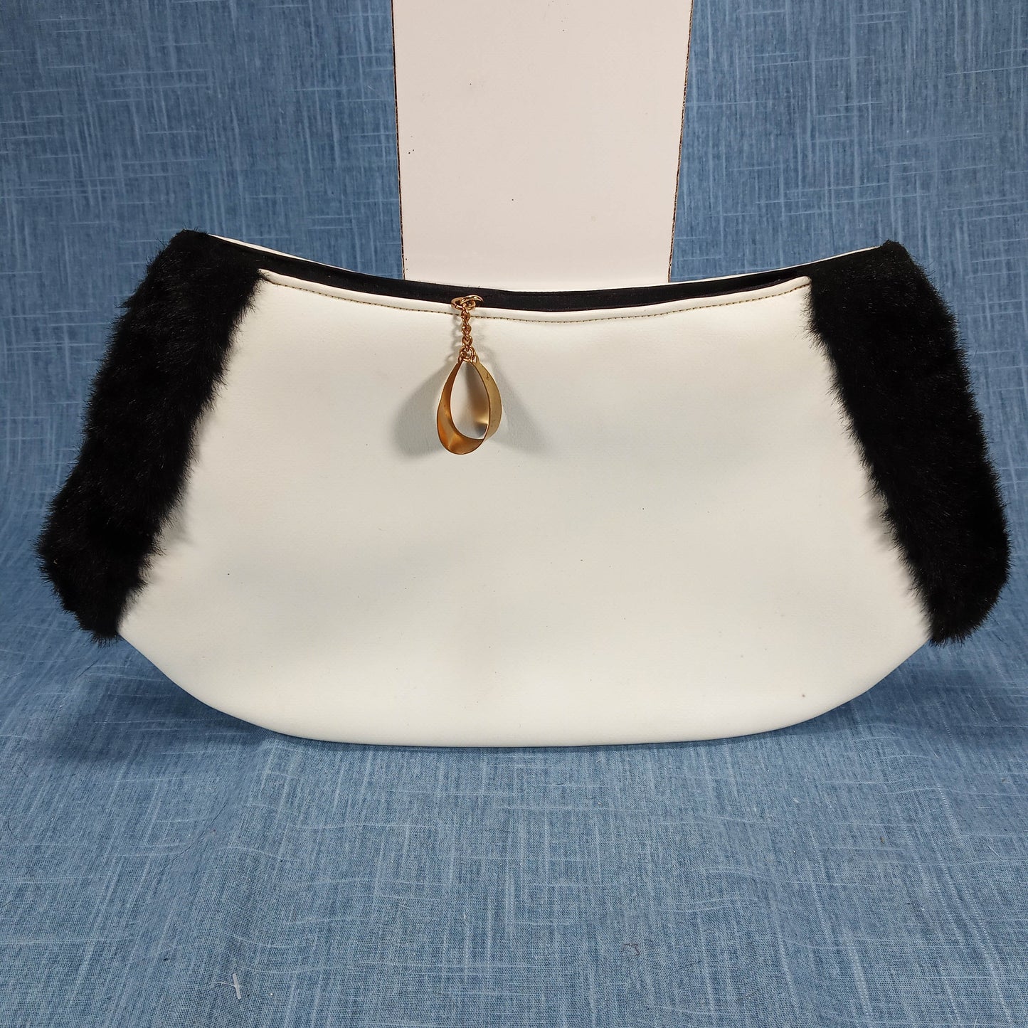 1960s White Leather Clutch Purse with Black Faux Fur by Flechbilt
