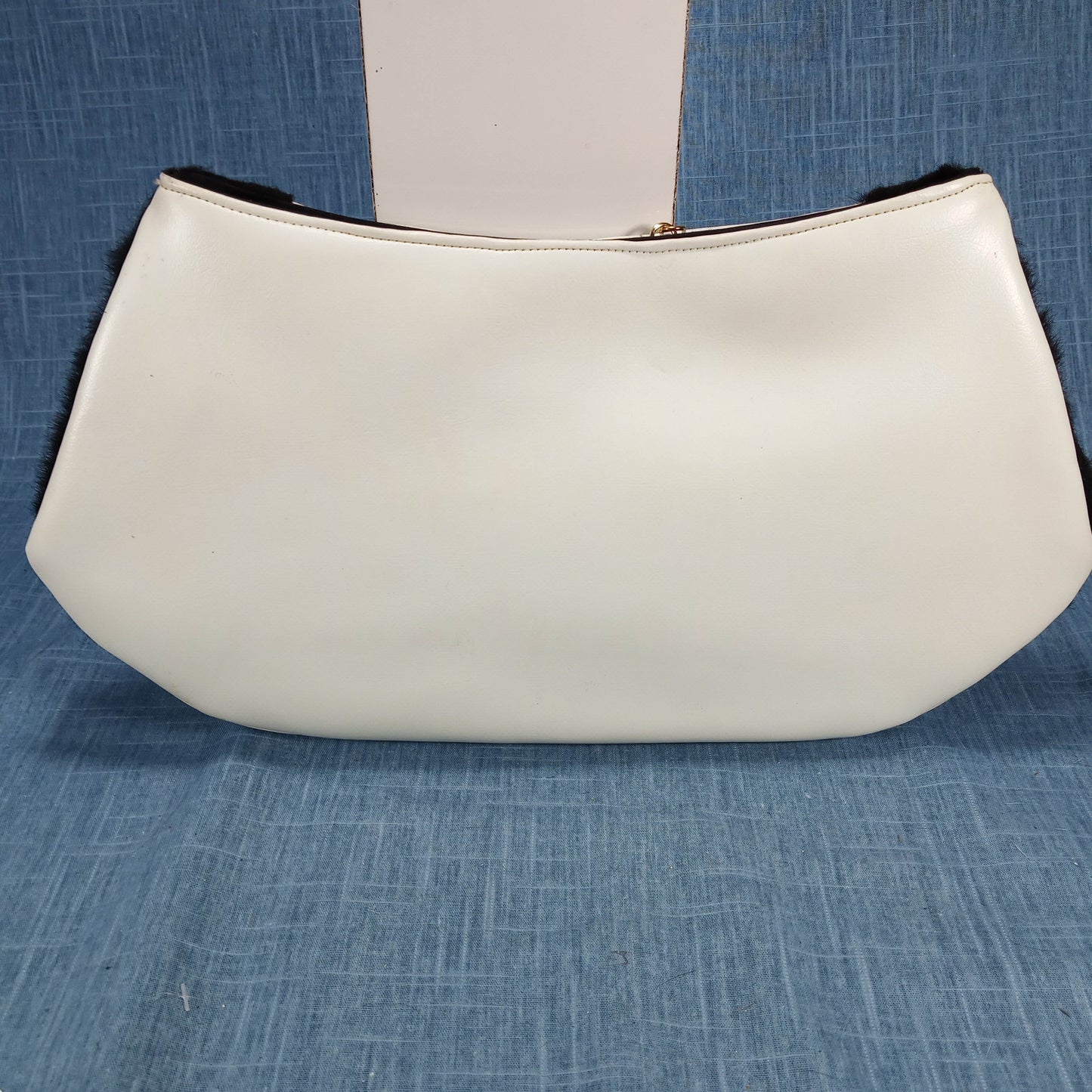 1960s White Leather Clutch Purse with Black Faux Fur by Flechbilt