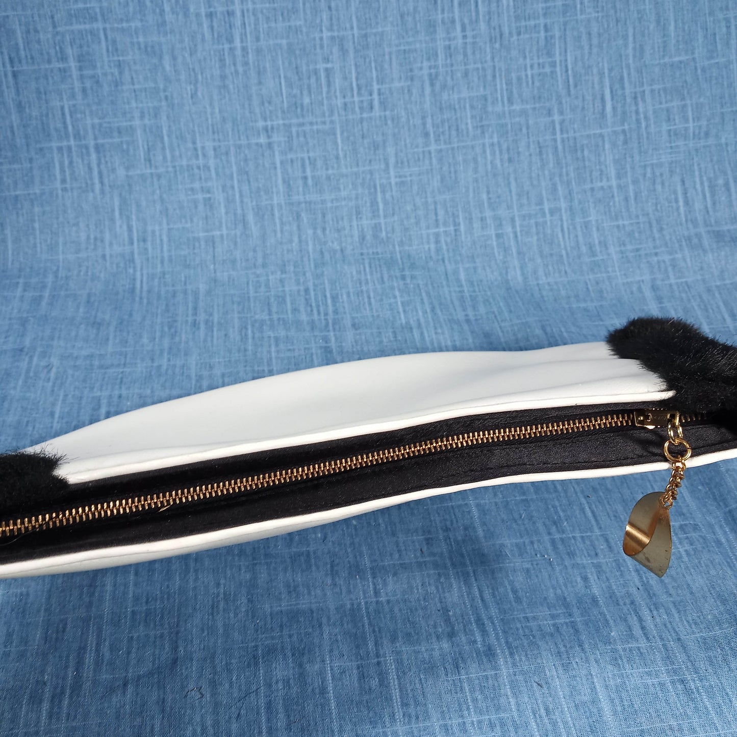 1960s White Leather Clutch Purse with Black Faux Fur by Flechbilt