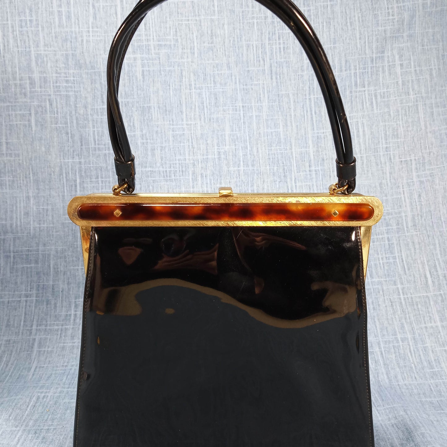 1950s Black Patent Leather Purse with Tortoise Detail by Ingber