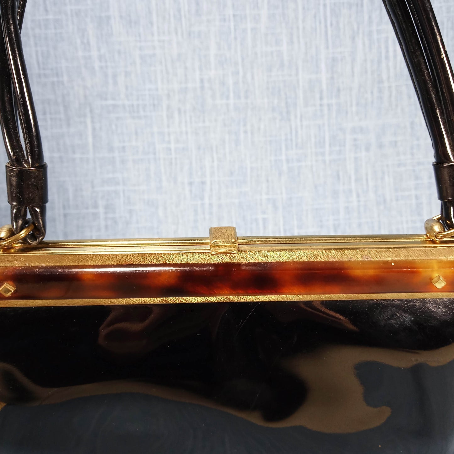 1950s Black Patent Leather Purse with Tortoise Detail by Ingber