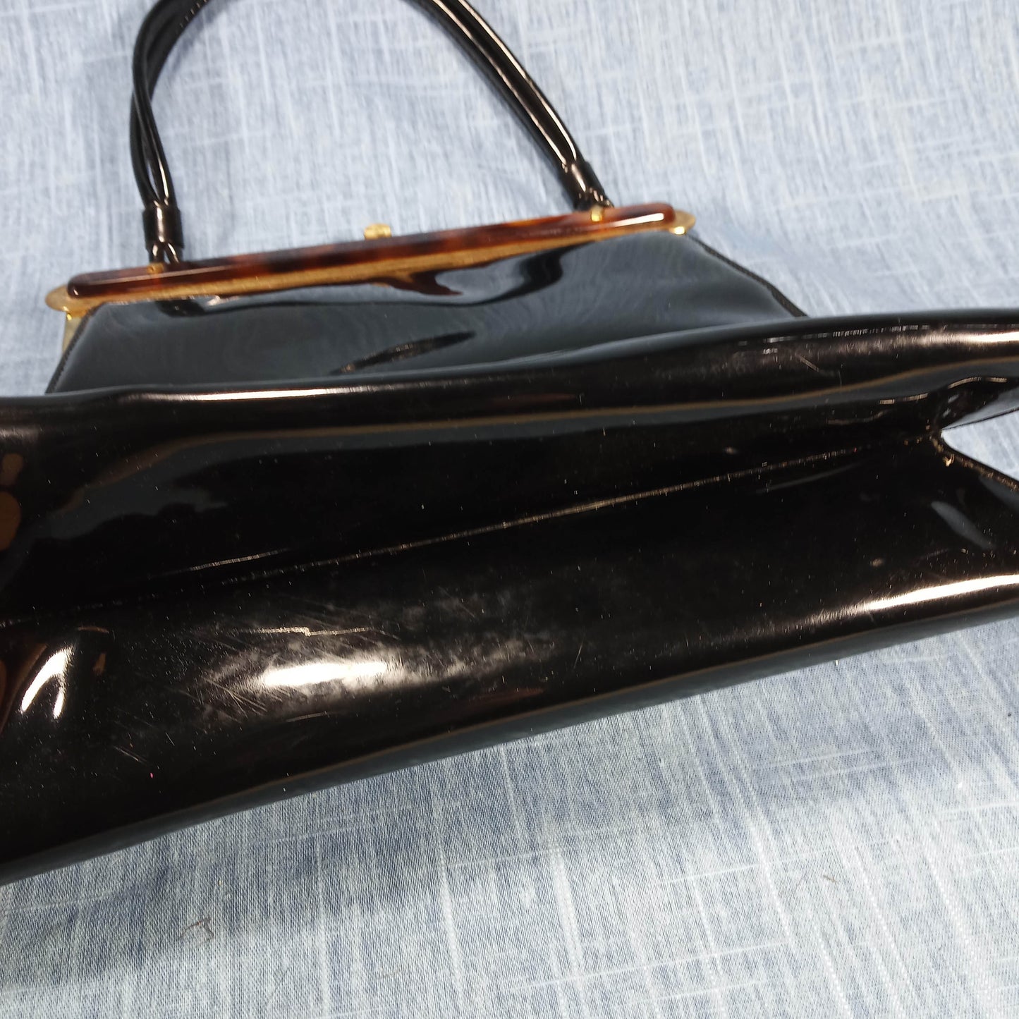 1950s Black Patent Leather Purse with Tortoise Detail by Ingber