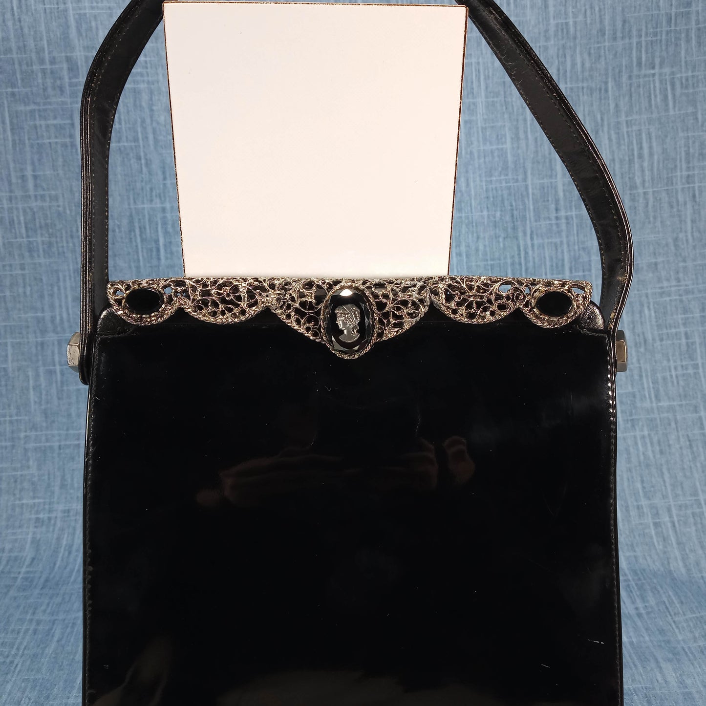 1950s Black Patent Leather Filigree and Cameo Purse by Triangle New York