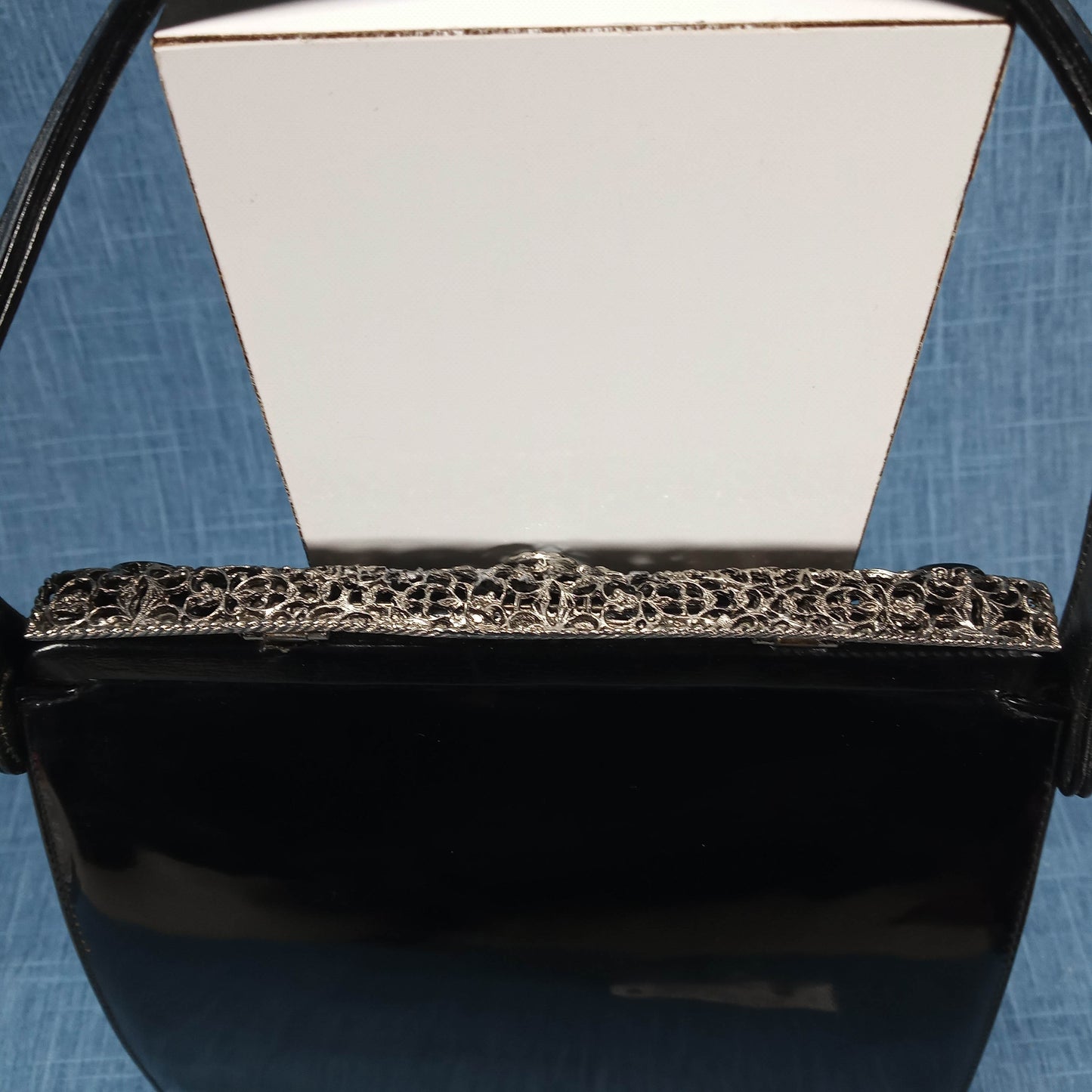 1950s Black Patent Leather Filigree and Cameo Purse by Triangle New York