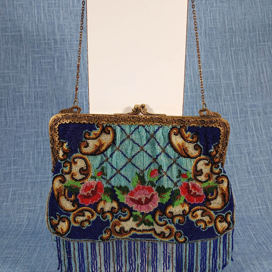 1920s Vintage Navy Blue Beaded Red Rose Purse with Tassels - Made in France