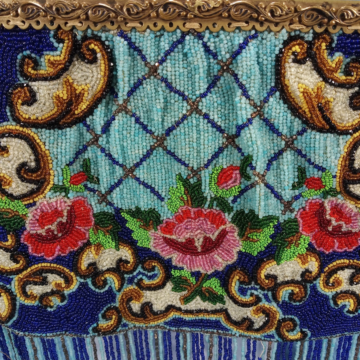 1920s Navy Blue Beaded Red Rose Purse with Tassels - Made in France
