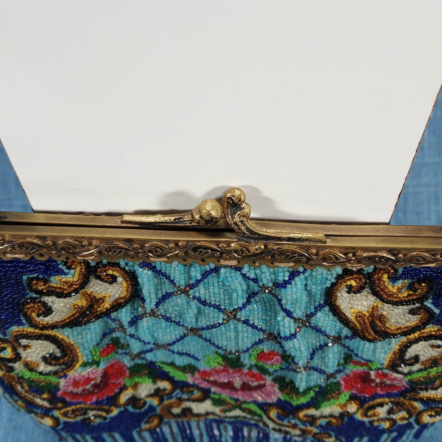 1920s Navy Blue Beaded Red Rose Purse with Tassels - Made in France