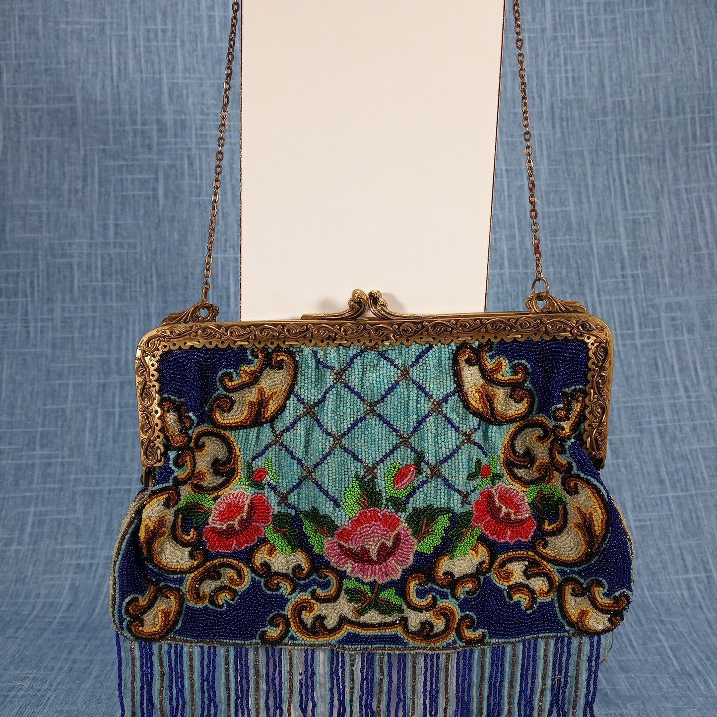 1920s Navy Blue Beaded Red Rose Purse with Tassels - Made in France
