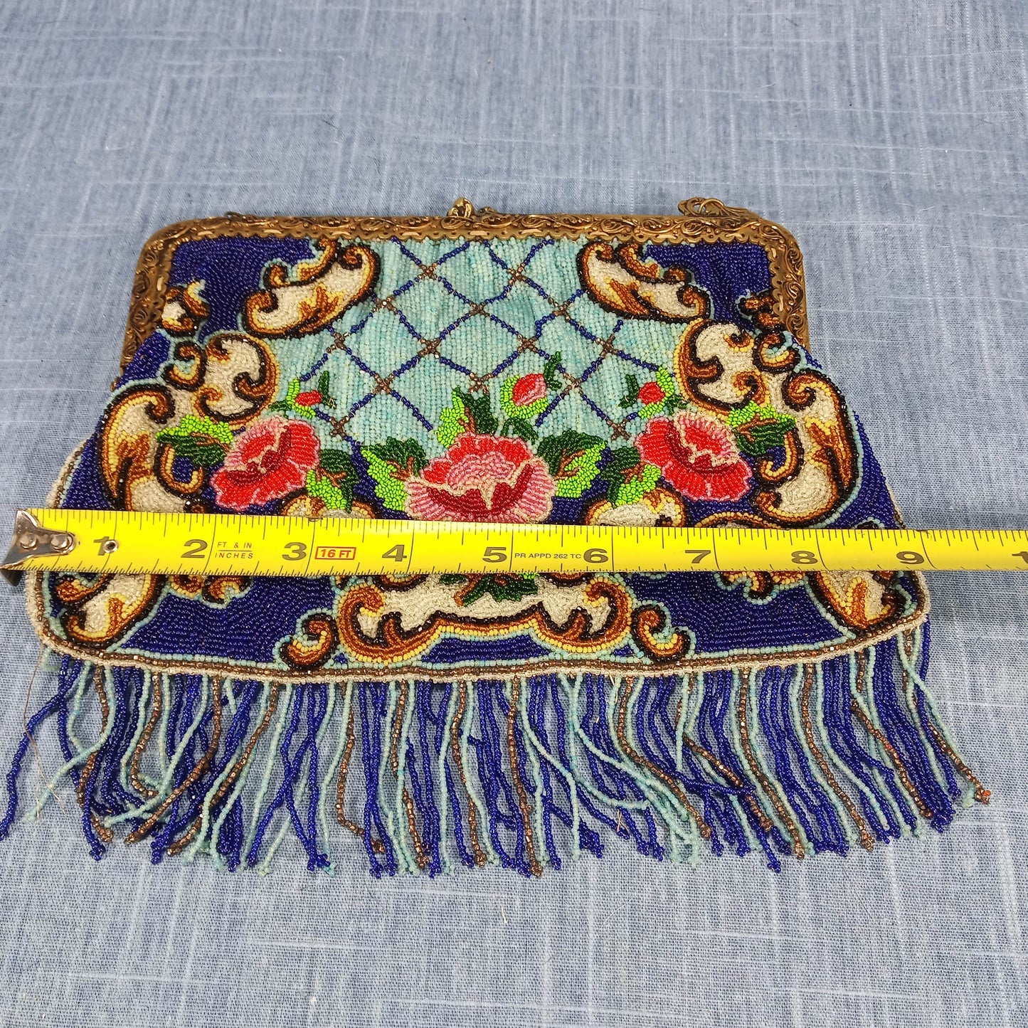 1920s Navy Blue Beaded Red Rose Purse with Tassels - Made in France