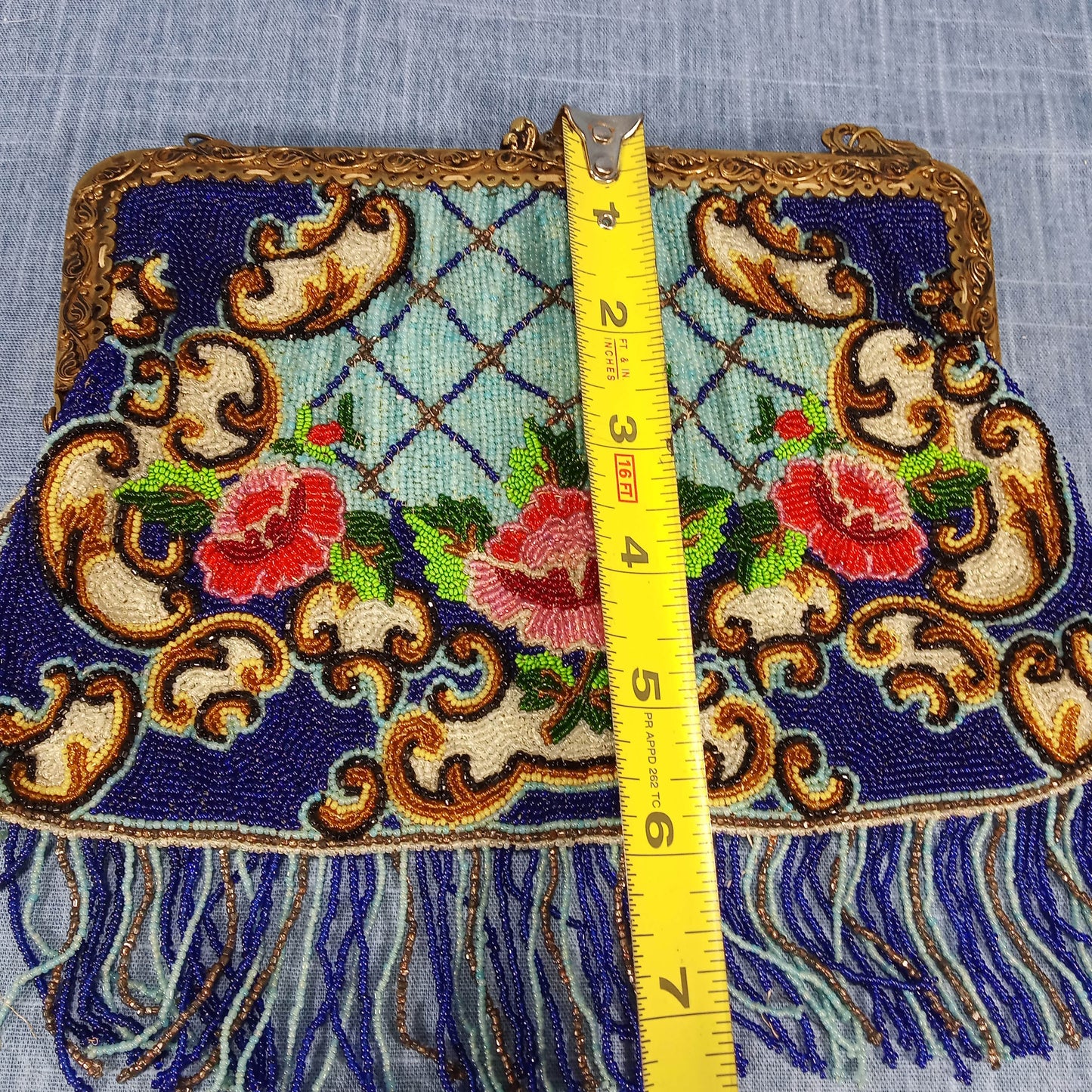 1920s Navy Blue Beaded Red Rose Purse with Tassels - Made in France