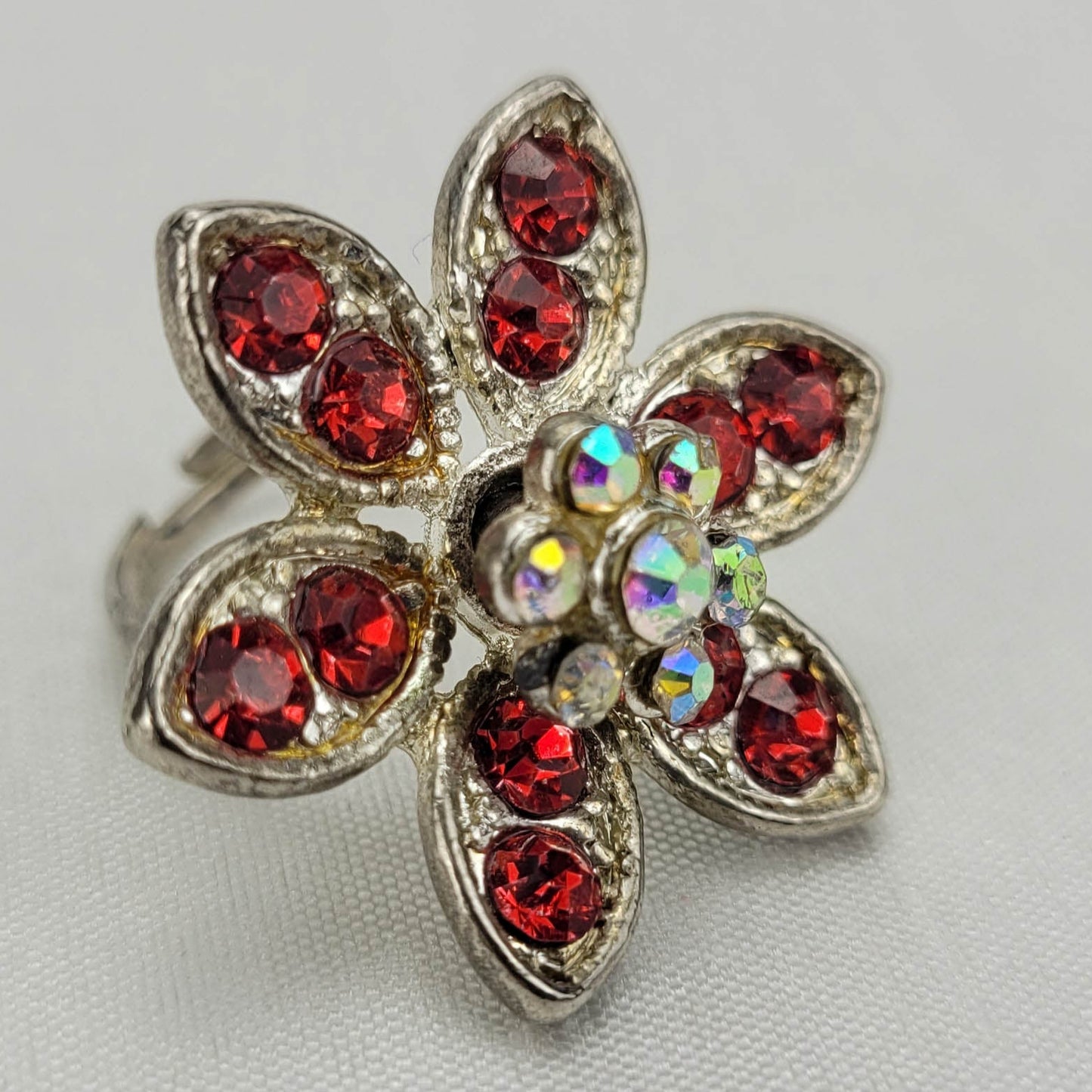 1960's Orange and Aurora Borealis Rhinestone Flower Ring