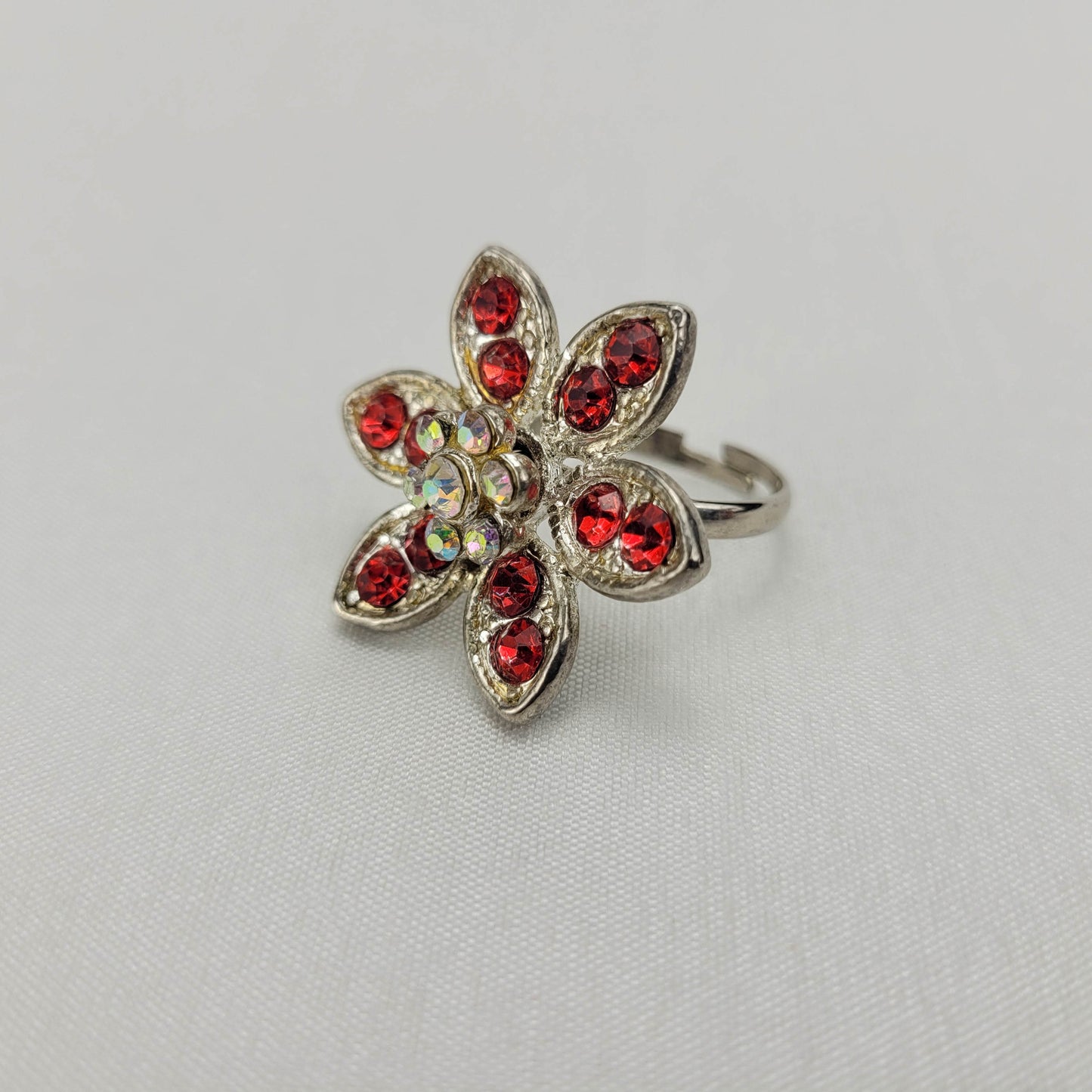 1960's Orange and Aurora Borealis Rhinestone Flower Ring