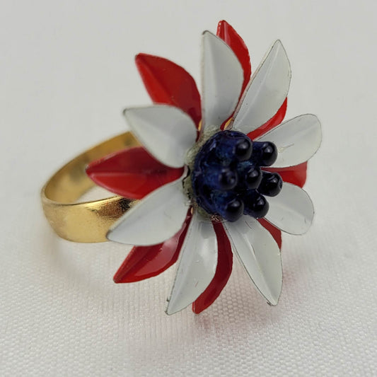 1960s Vintage White and Red Enamel Flower Ring