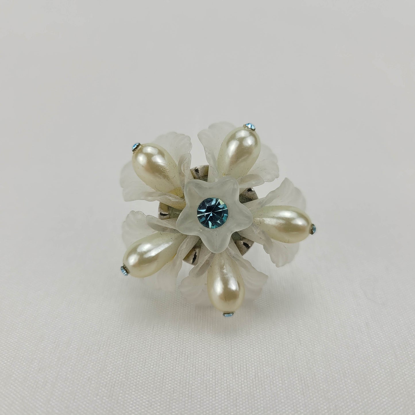 1950's Celluloid Flower Ring with Beads and a Blue Rhinestones