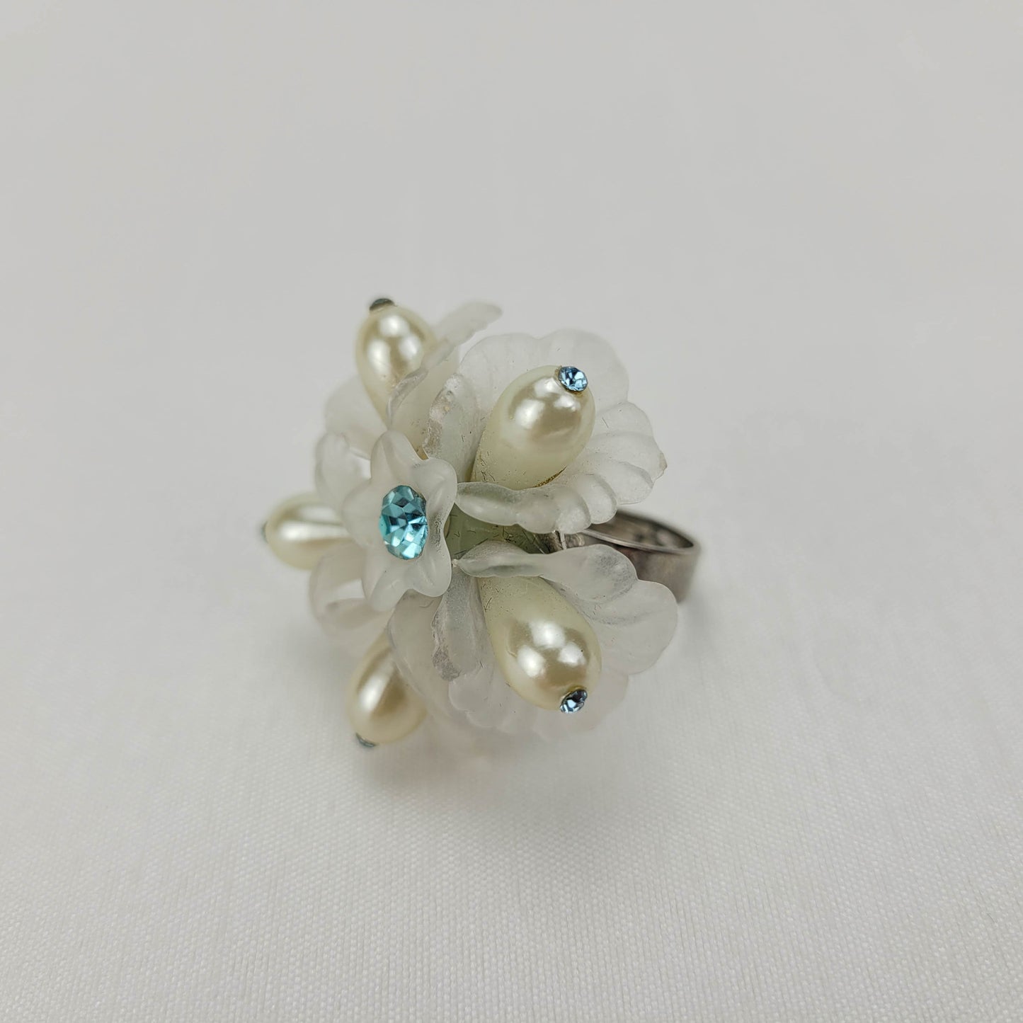 1950's Celluloid Flower Ring with Beads and a Blue Rhinestones