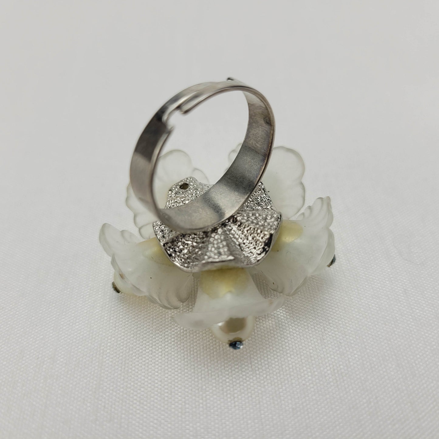1950's Celluloid Flower Ring with Beads and a Blue Rhinestones