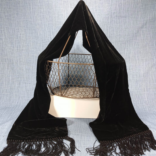 1940s Vintage Black Velvet Silk Fringed Scarf
