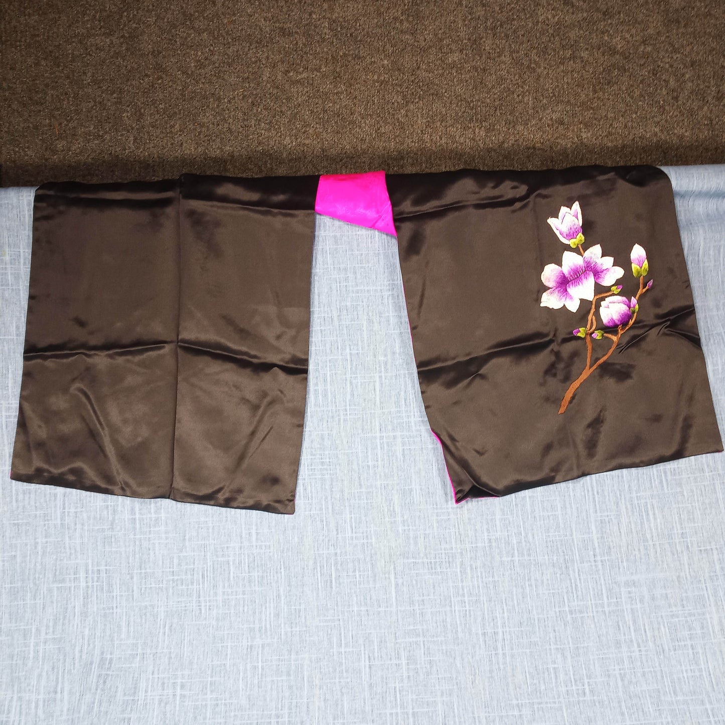 1950s Black and Magenta Silk Embroidered Flower Shawl