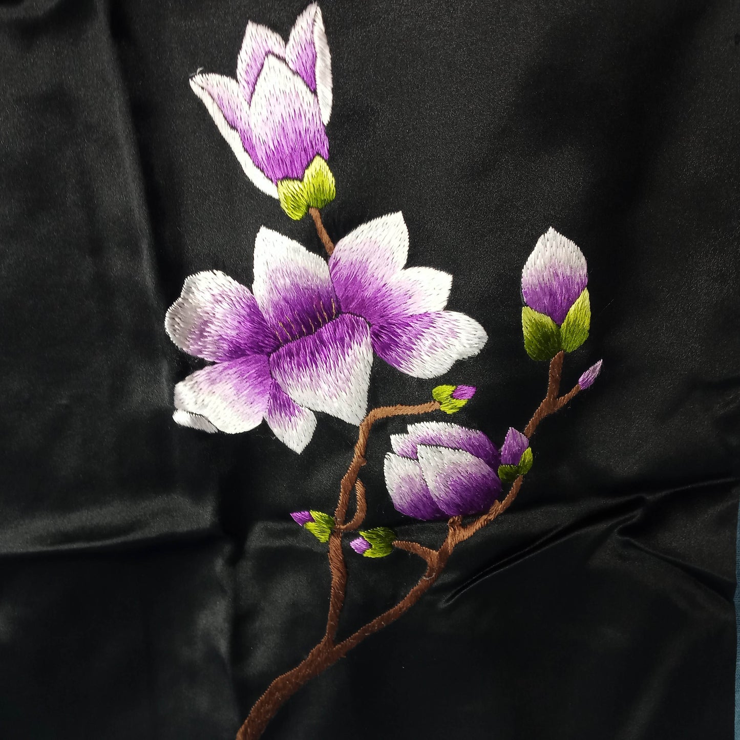 1950s Black and Magenta Silk Embroidered Flower Shawl