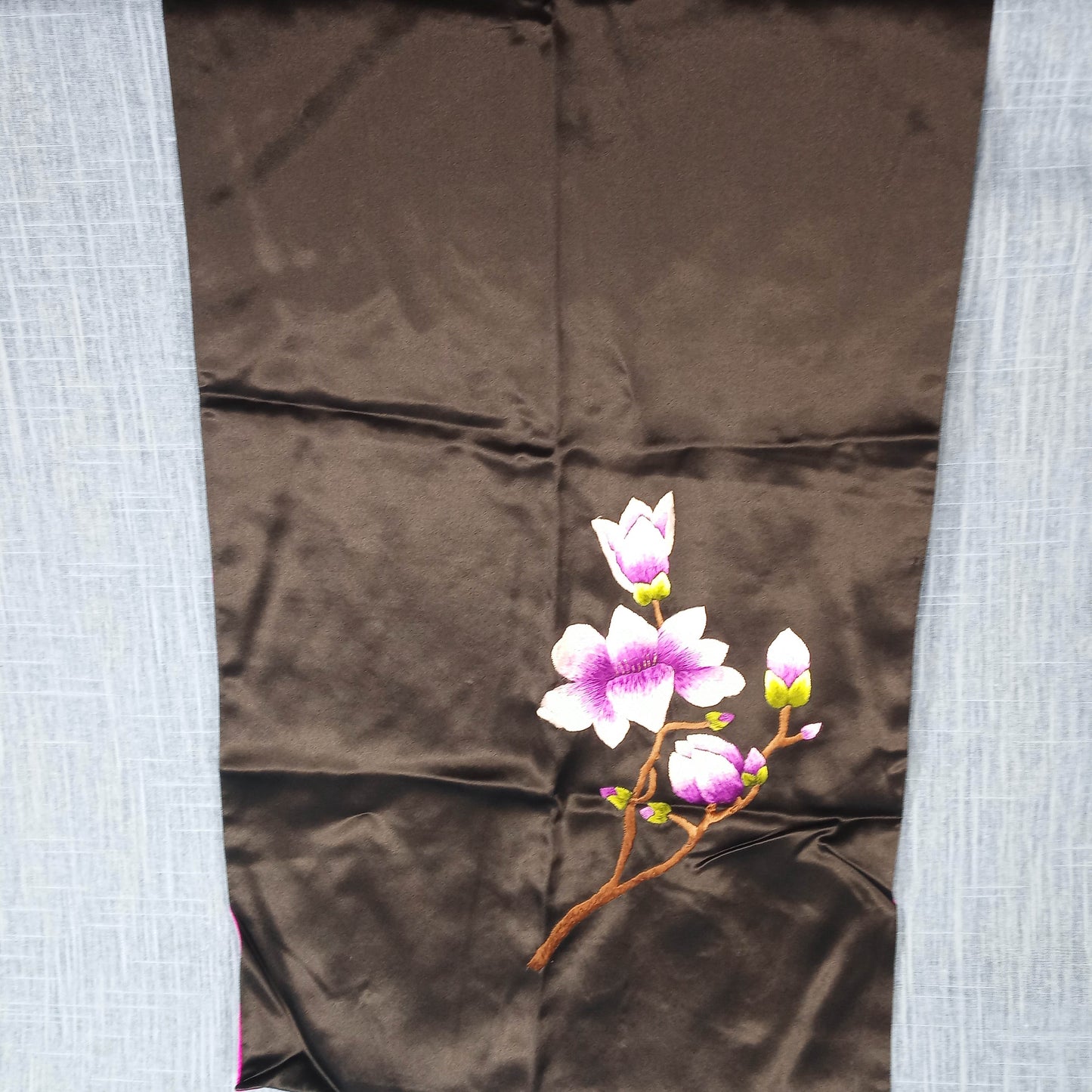 1950s Black and Magenta Silk Embroidered Flower Shawl