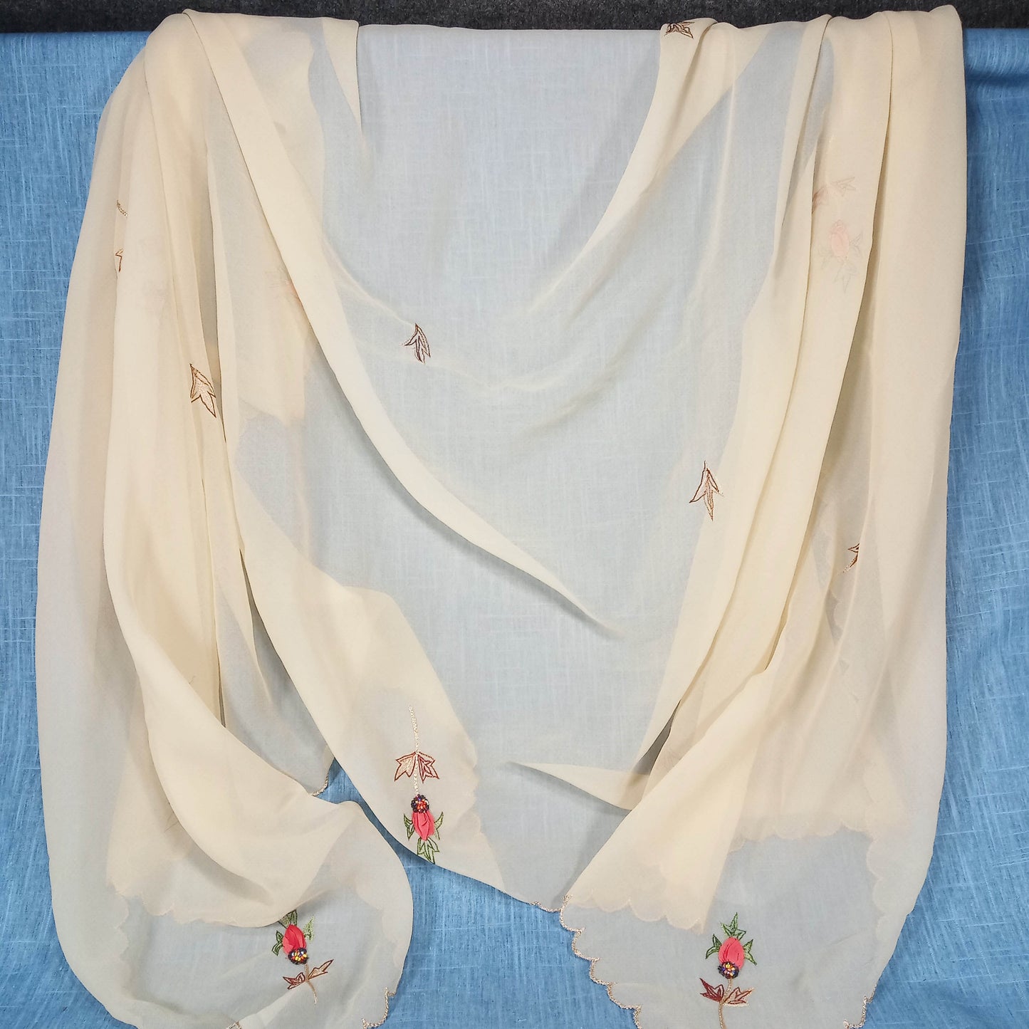 1950s Cream Chiffon Embroidered and Beaded Flower Shawl